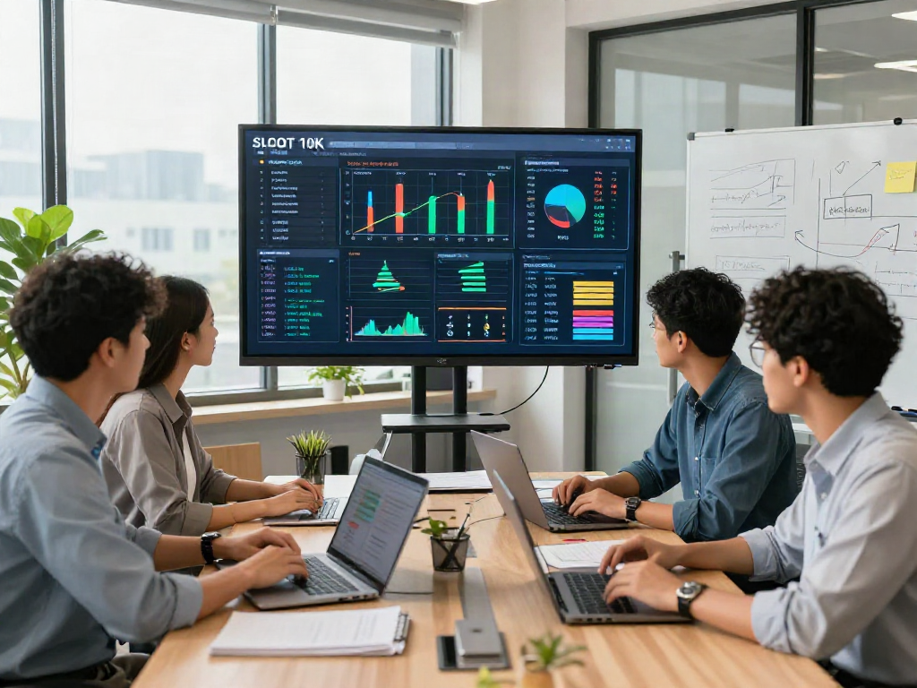 Professional team analyzing slot 10k performance metrics in a modern office.