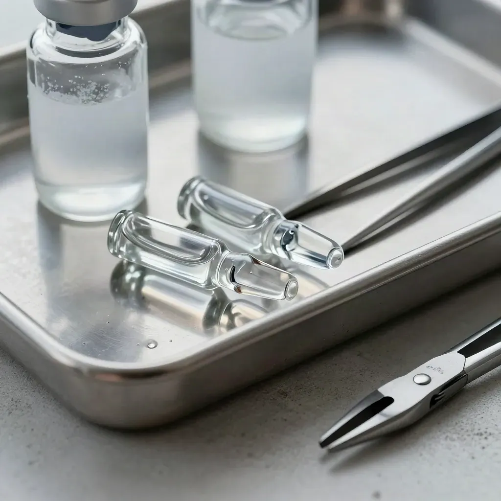 Ampoules, specimen jar, forceps and sample tray on cool stone in a healthcare macro still life.