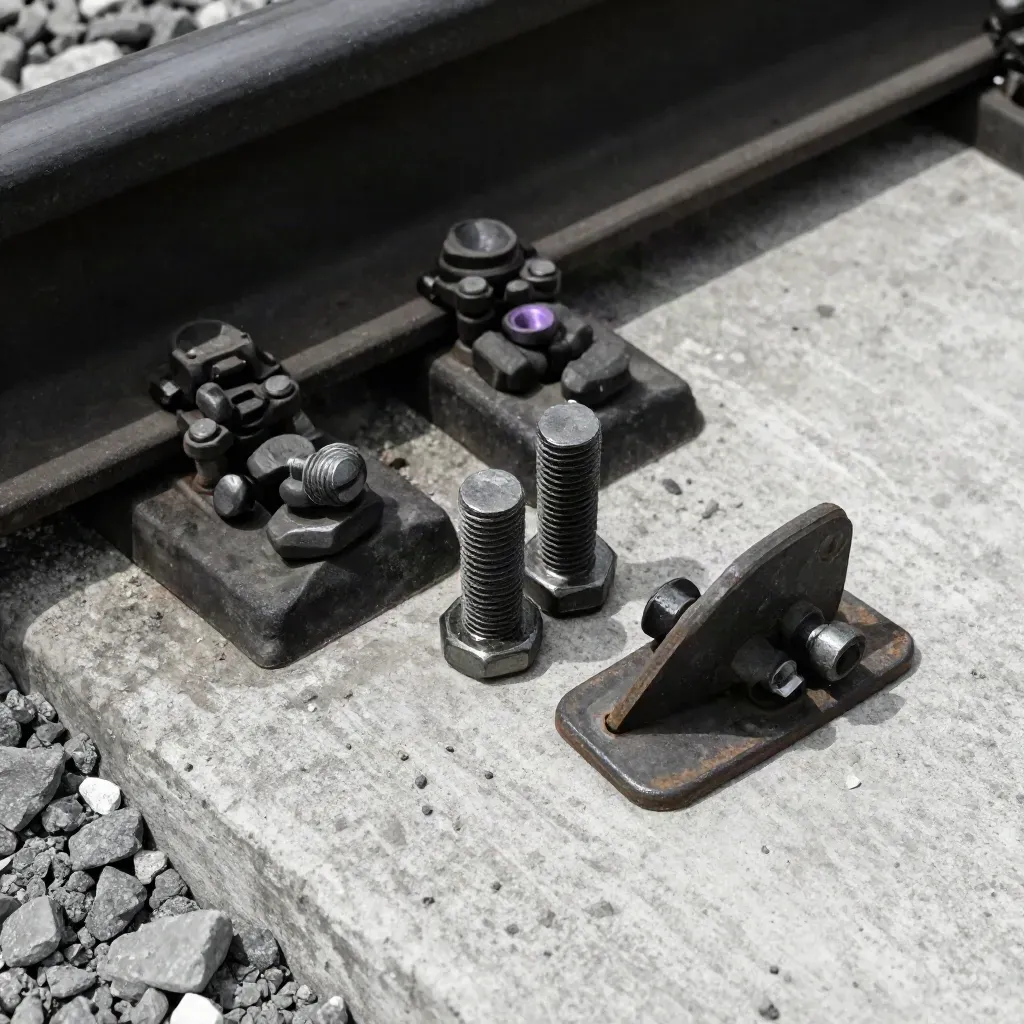 Black rail fastener, bolts and weathered clamp plate on gritty concrete, lit from upper left.