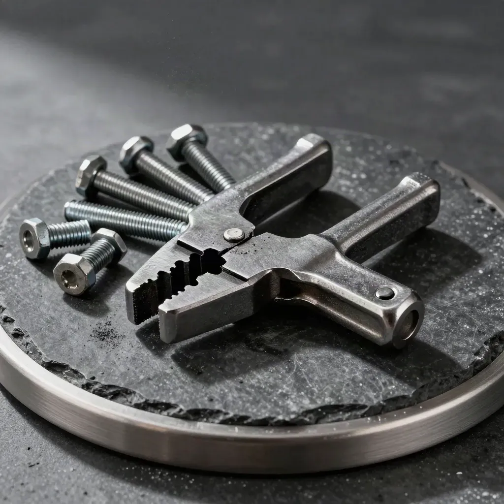 Forged metal clamp, dark offcuts and hex bolts on charcoal stone in soft daylight.