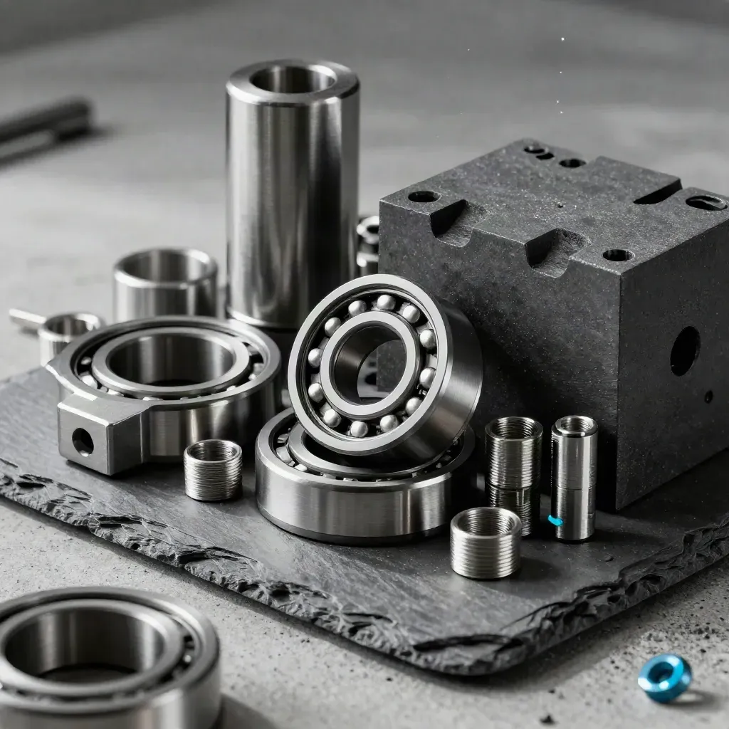 Precision metal parts cluster on slate concrete with dramatic side light and cyan accent