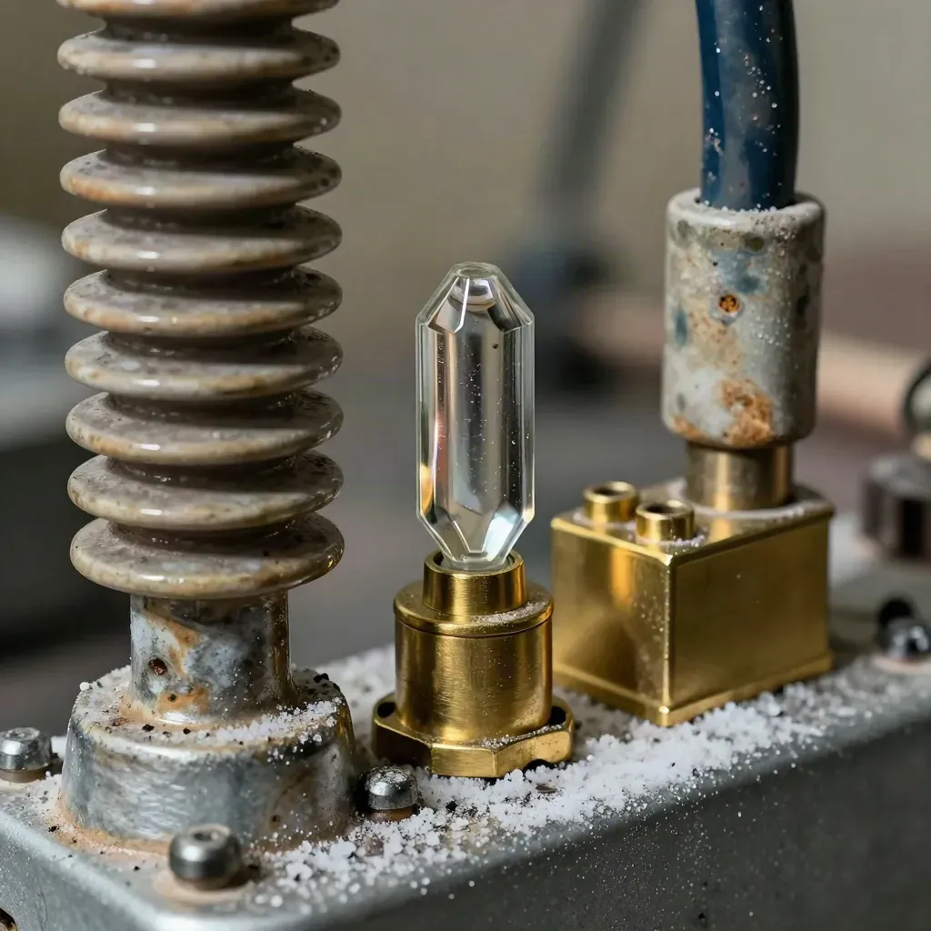 Marine electrical parts in a salt-misted macro still life on pewter.
