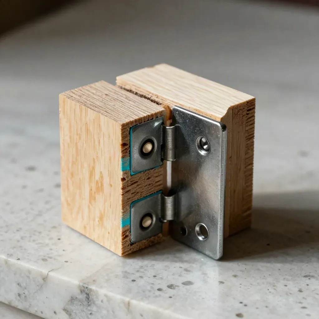 Plywood corners, steel hinge plate and anodized brackets on pale travertine, seen from above.