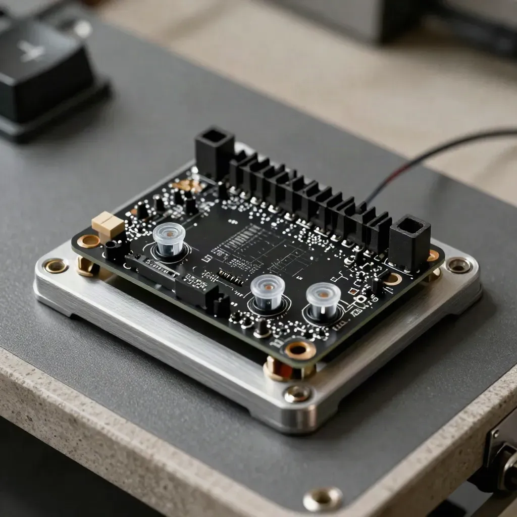 Matte-black prototype board clipped in a test jig with jumper caps and a tiny heatsink