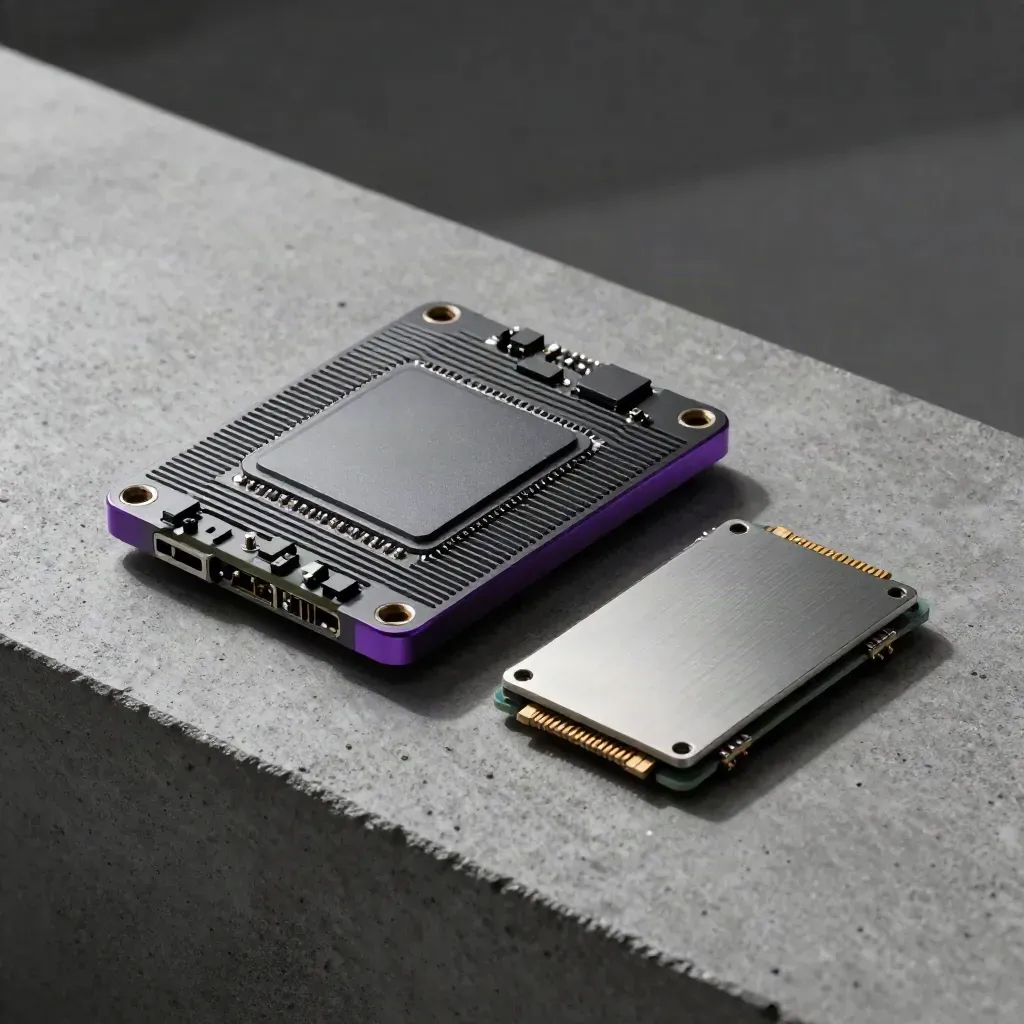 Edge compute module beside a sample chip carrier and SSD caddy on a concrete bench.
