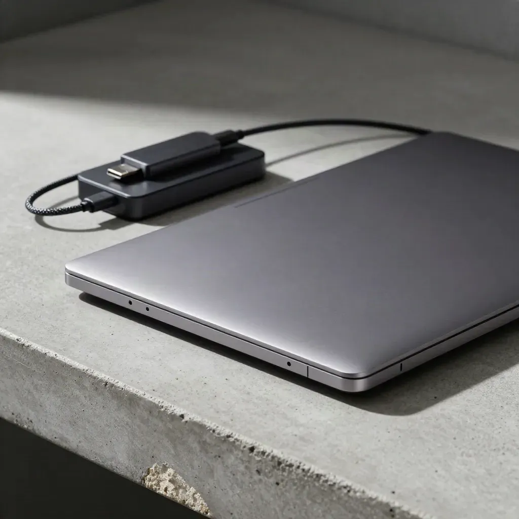 Closed graphite laptop beside a dock block and braided USB-C adapter on concrete.