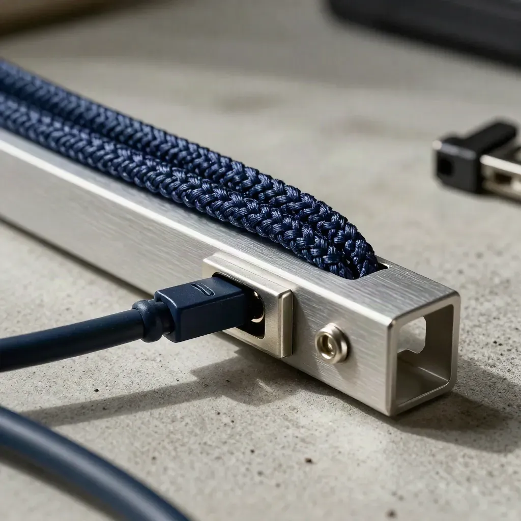 Server rail bracket with braided patch lead and cable clips on concrete, lit from upper left.