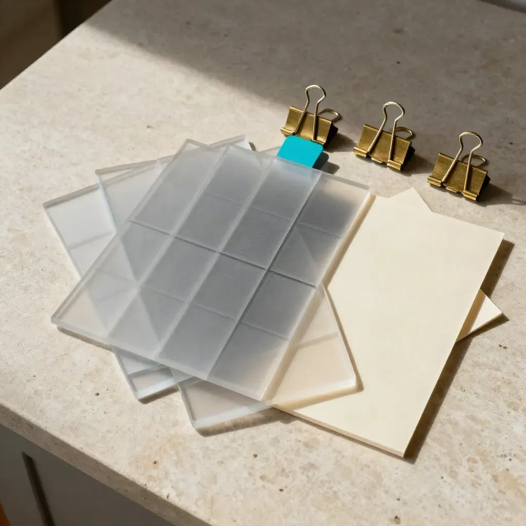 Top-down macro of acrylic layout tiles, paper swatches and brass clips on limestone.
