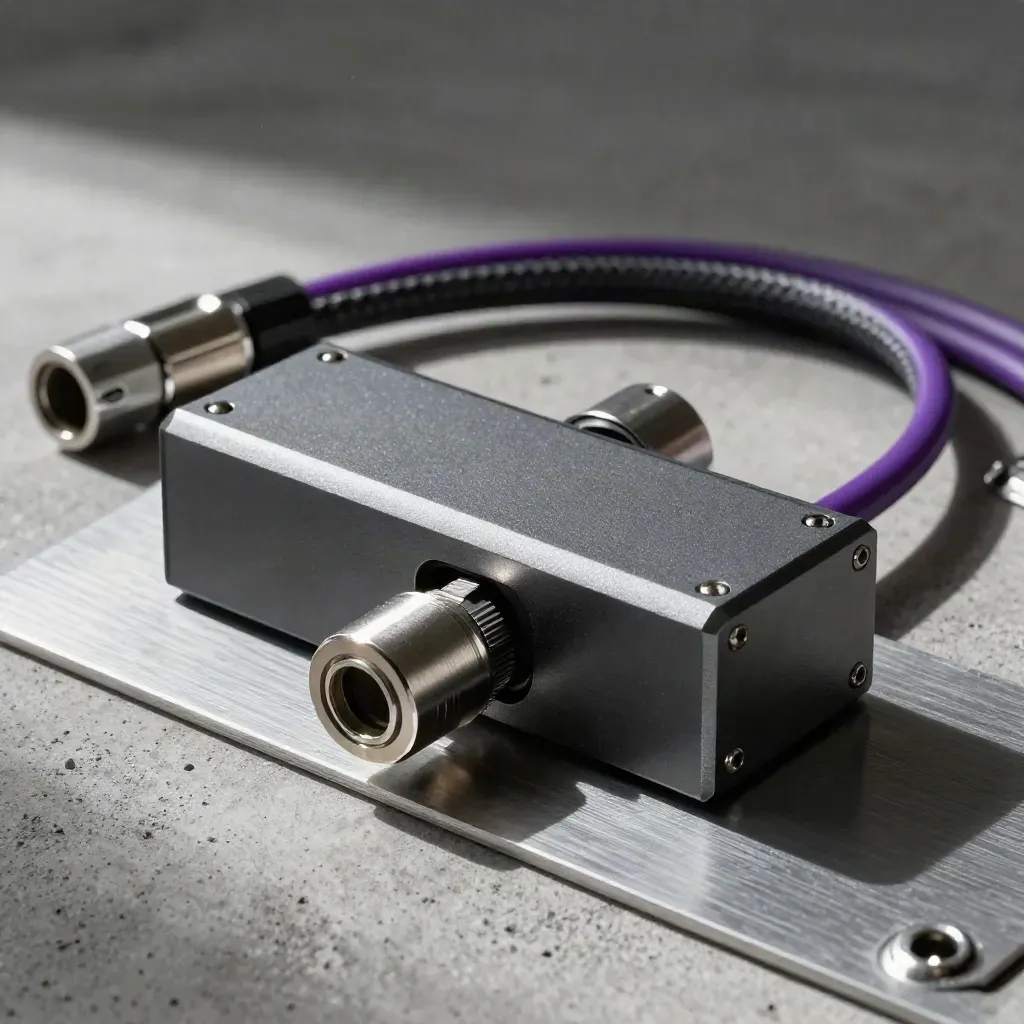 Relay block, metal couplers and braided cable harness on concrete, low dramatic product still life