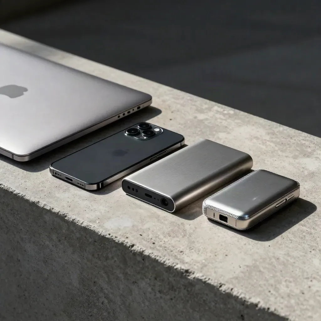 Closed laptop, face-down phone, power bank and pocket timer on concrete with soft daylight.