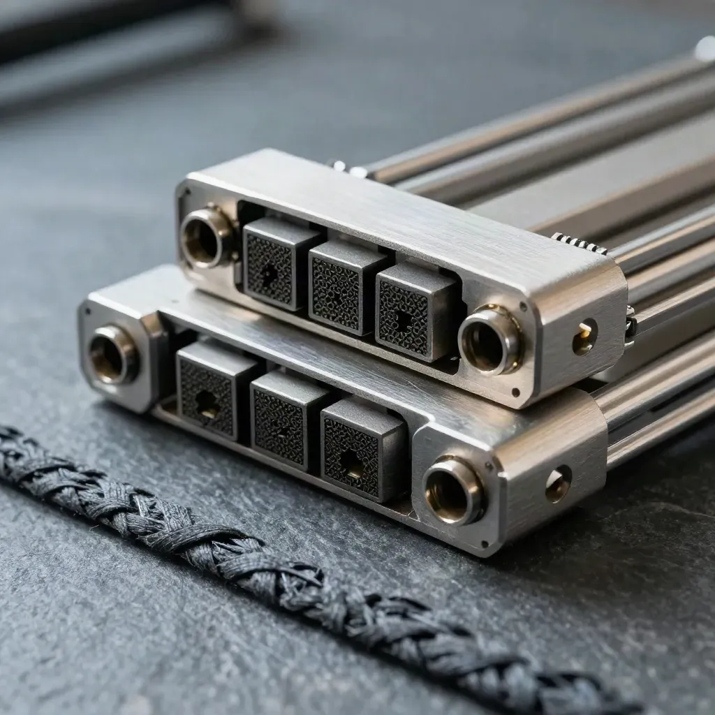 Macro still life of server rail pieces, cable combs and connector blocks on slate stone.