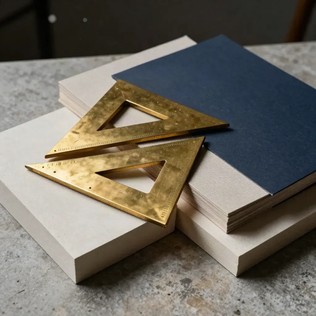 Overhead brass drafting triangles, model blocks and sample boards on stone with dark bokeh.