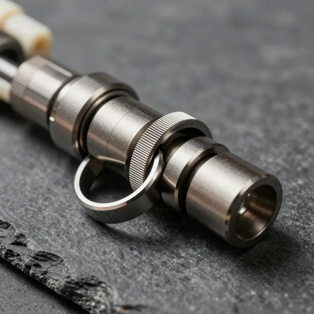 Top-down macro of linked metal rings, a connector block and couplers on slate stone.