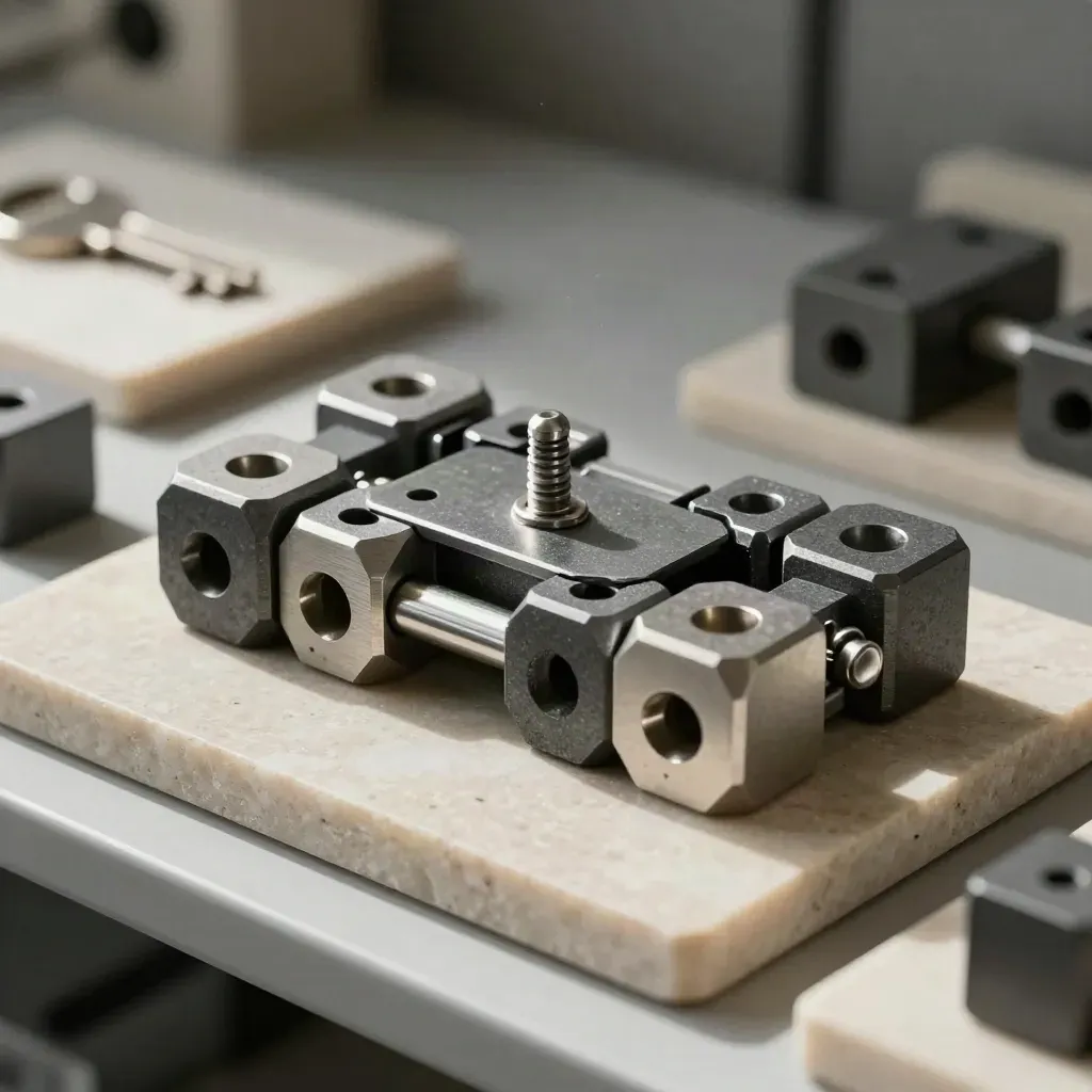 Hex-socket blocks and a steel link plate on limestone, lit dramatically in a dim studio