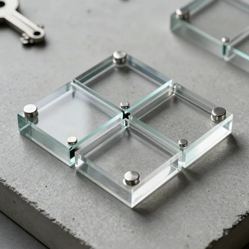 Translucent acrylic alignment blocks and corner magnets forming a precise grid on grey stone.