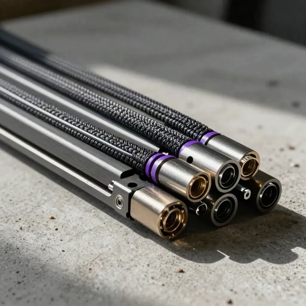 Stacked docking rails with braided leads and connector housings on concrete, side lit with violet accents.