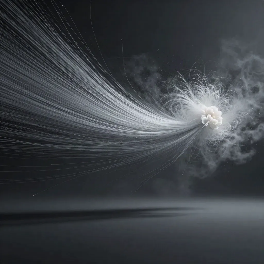 Silver filaments converge into a white bloom in deep graphite mist, leaving calm space below.